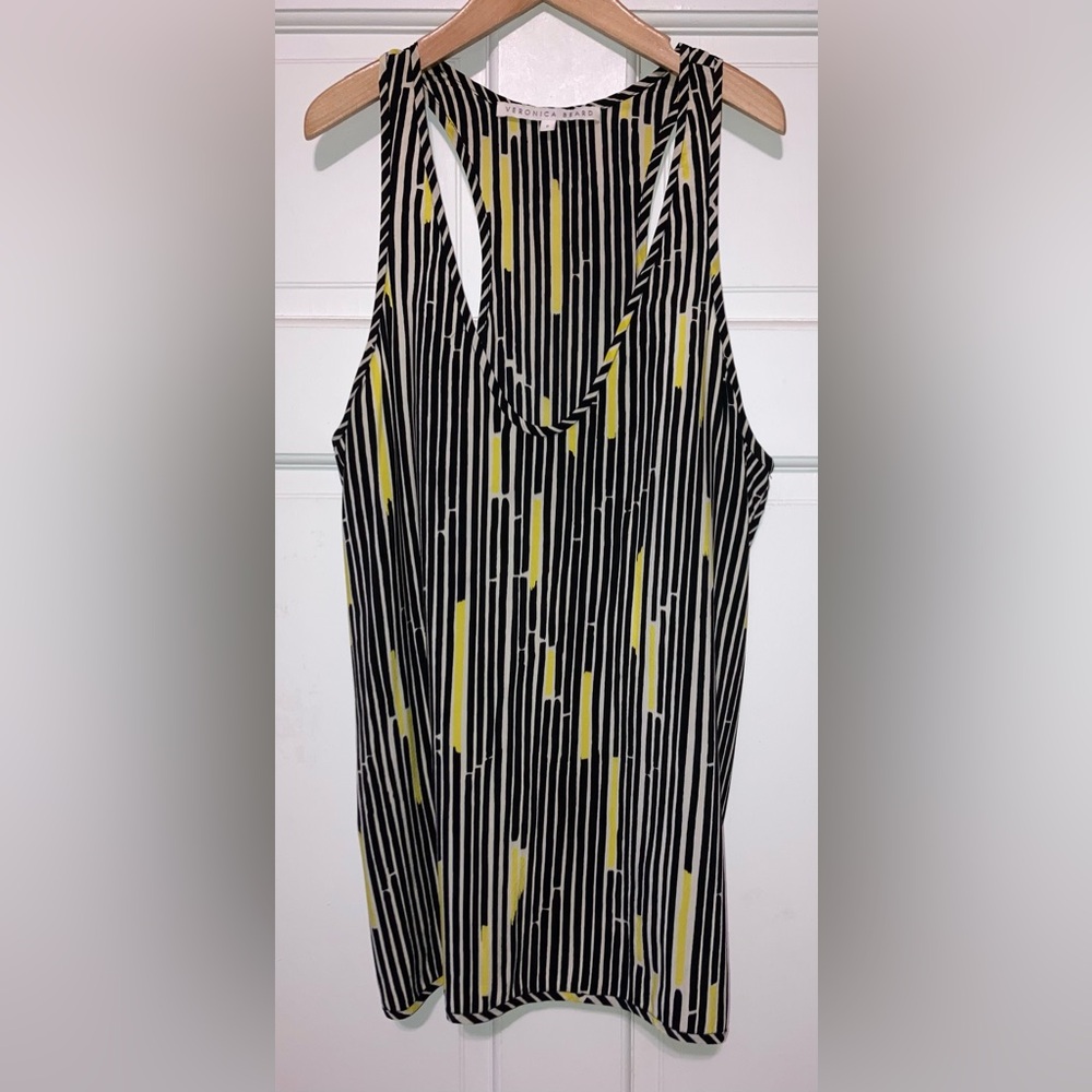 Veronica Beard Black White Yellow Print Silk Blend Racerback Tank 6